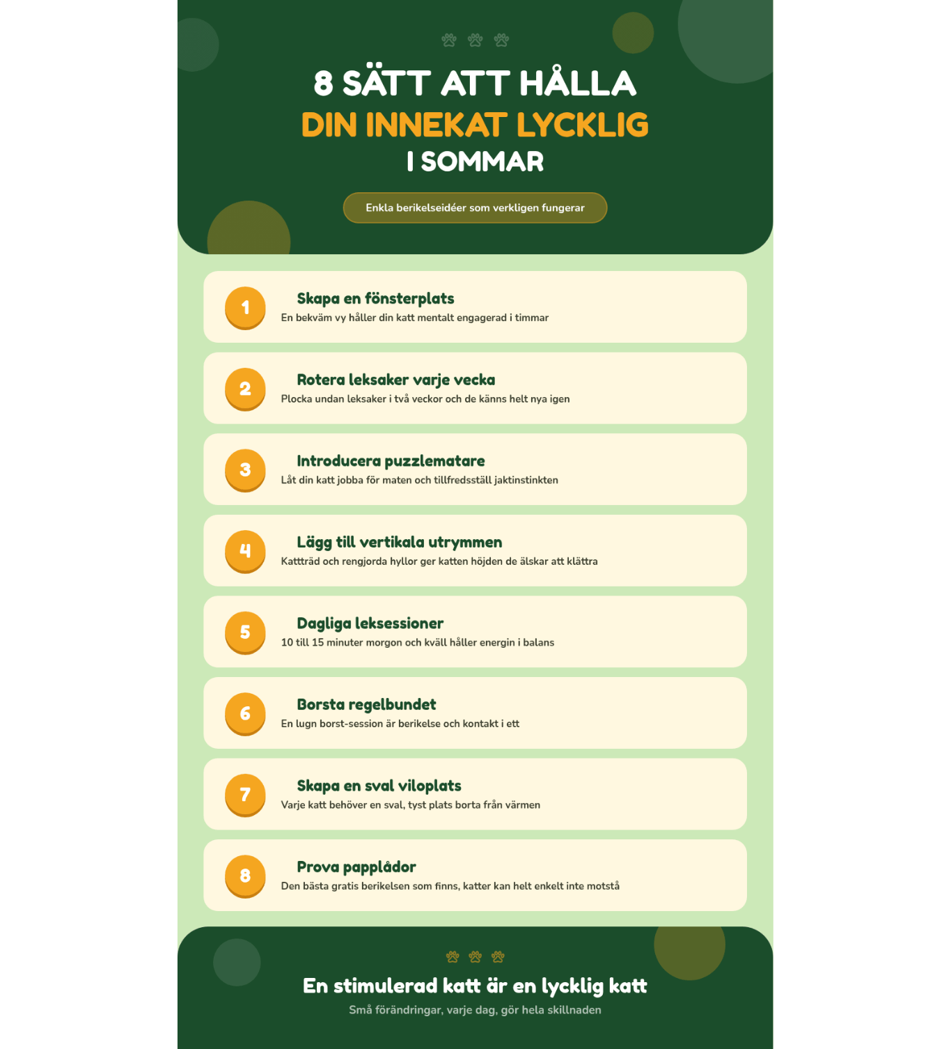 Infografik om aktivering för innekatter med 8 vintertips för att hålla katten glad: skapa en fönsterplats, variera leksaker varje vecka, använd foderpussel, skapa platser på höjden, lek dagligen, borsta regelbundet, skapa en mysig hörna och använd kartonger.